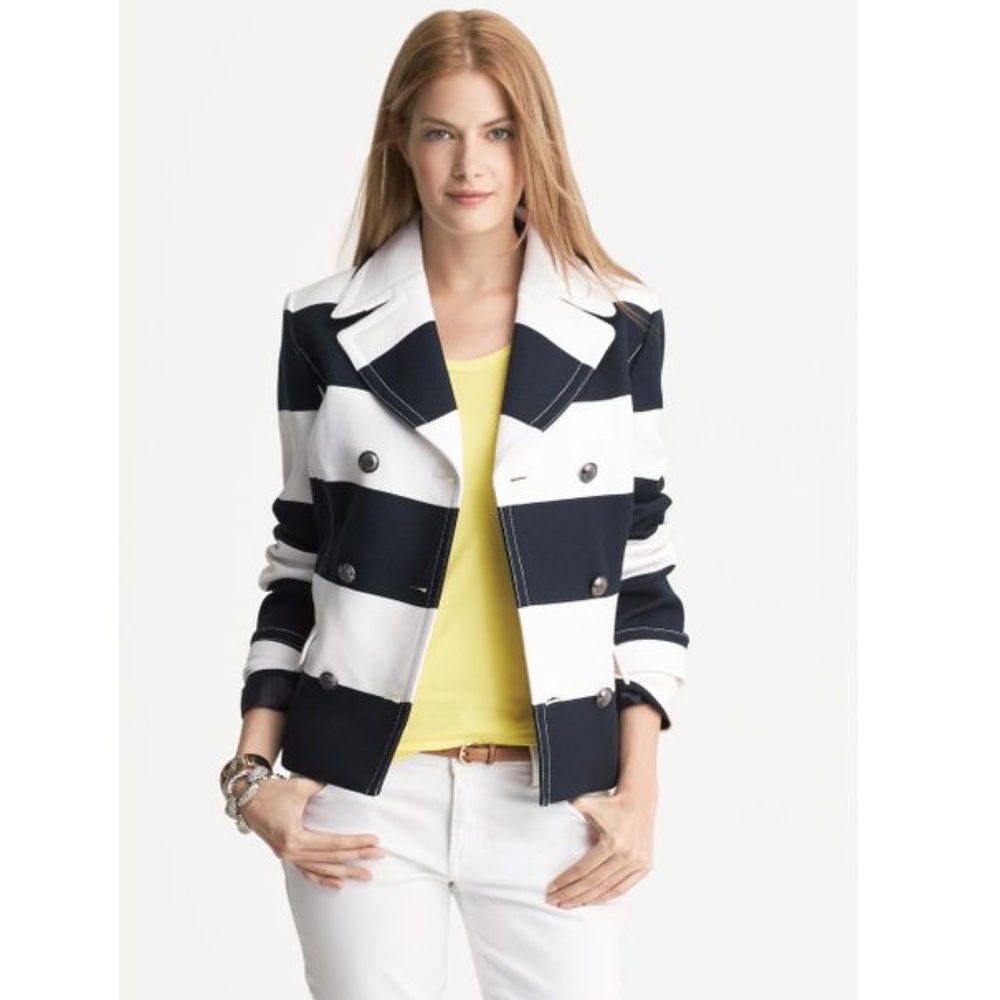 BR navy white striped cotton cropped peacoat